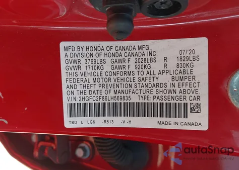 2020 Honda Civic Sport from USA, damaged, VIN 2HGFC2F86LH569835